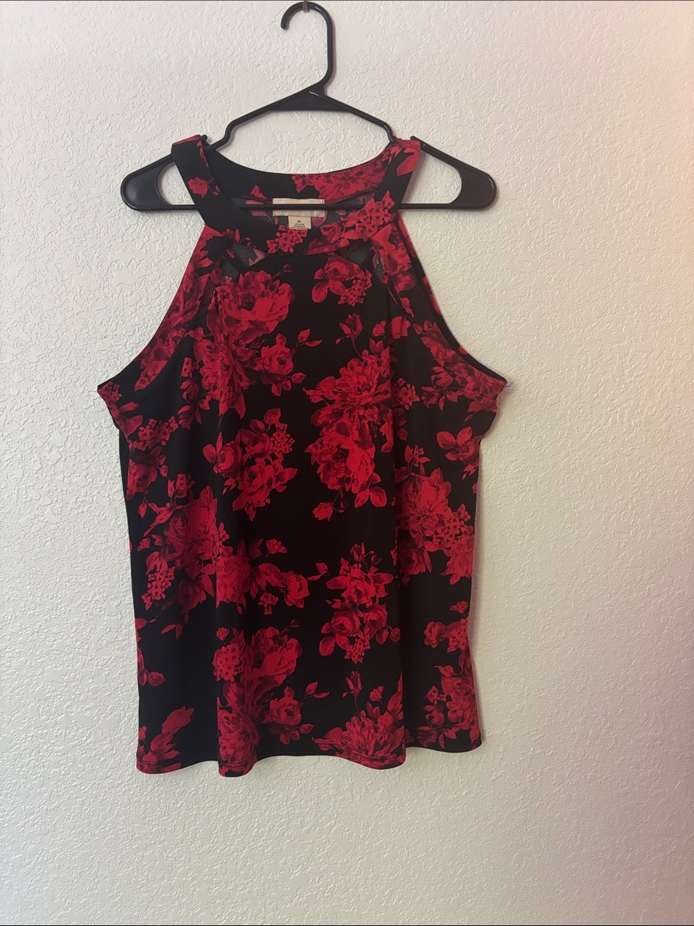 Women's Black Halter Tank with Red Floral Print